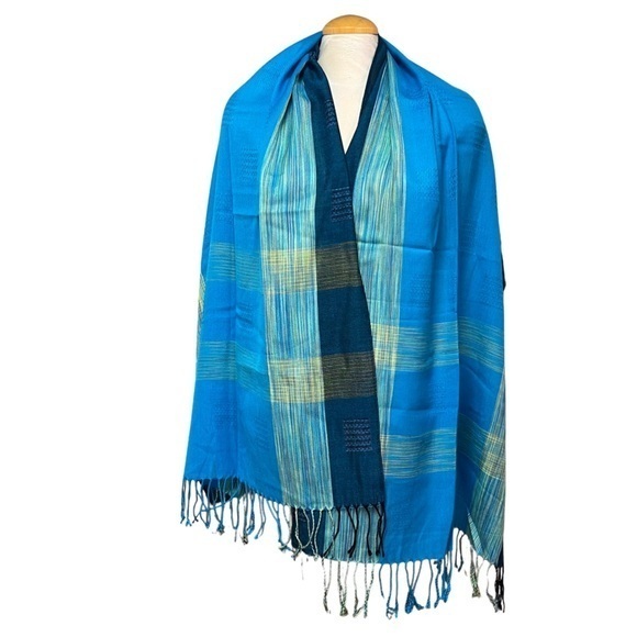 Pashmina Accessories - Blue & Yellow Plaid Pashmina Scarf/Wrap | GUC